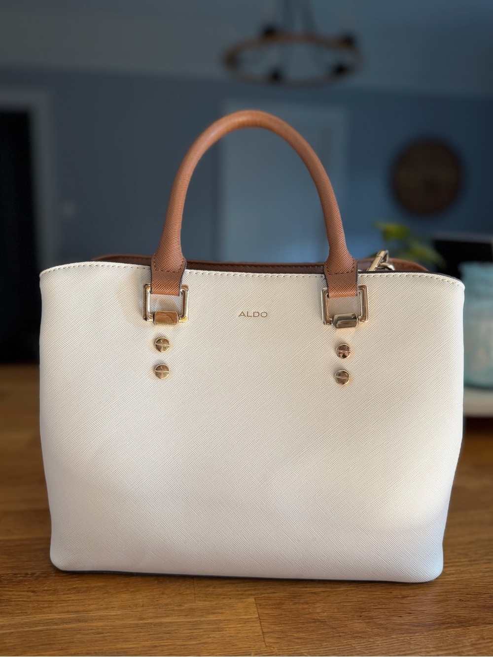 ALDO Cream and Tan Satchel Purse with Gold Accents